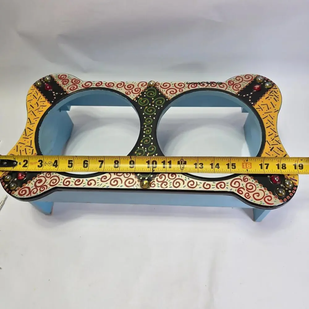 Hand-Painted Bone Shape Dog Feeder Stand Colorful Dual Bowl Holder Decor